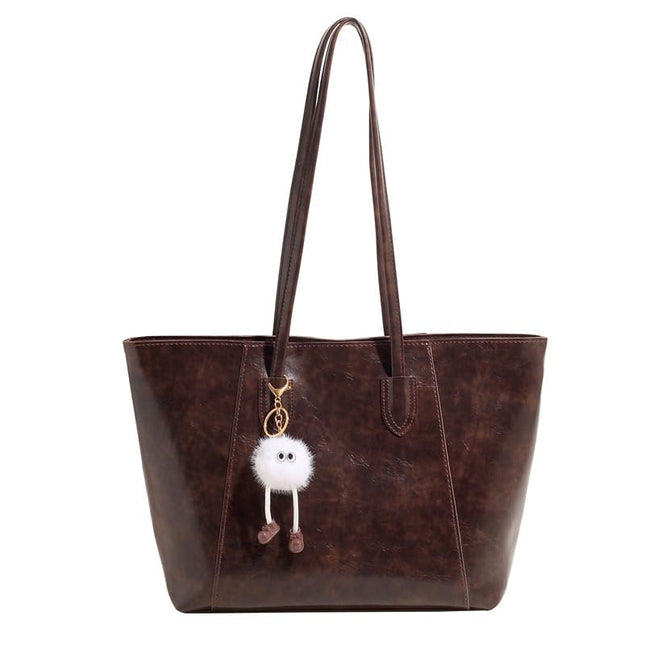 Base'ic Women's Large Vegan Leather Tote Bag – Shoulder Handbag with Inner Pocket &amp; Decorative Charm, Work &amp; Travel Purse (Dark Brown)