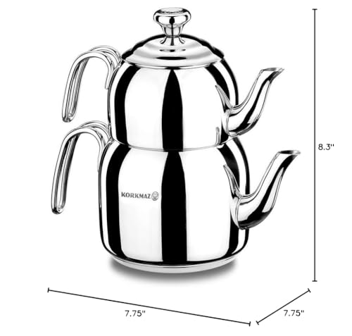 Korkmaz DROPPA Midi Tea Pot Set/Caydanlik Takimi Kettle, Stainless Steel, Assorted, 48 x 48 x 19 cm, 4 Units