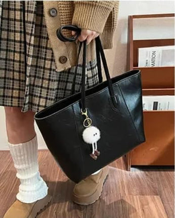 Base'ic Women's Large Vegan Leather Tote Bag – Shoulder Handbag with Inner Pocket &amp; Decorative Charm, Work &amp; Travel Purse (Black)