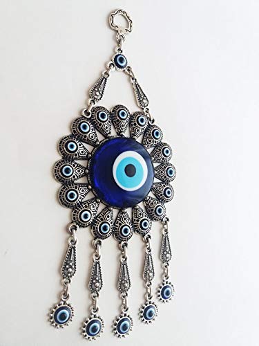 Erbulus Turkish Glass Blue Evil Eye Wall Hanging Ornament with Flower Design - Metal Home Decor - Turkish Nazar Bead Amulet - Protection and Good Luck Charm Gift in a Box