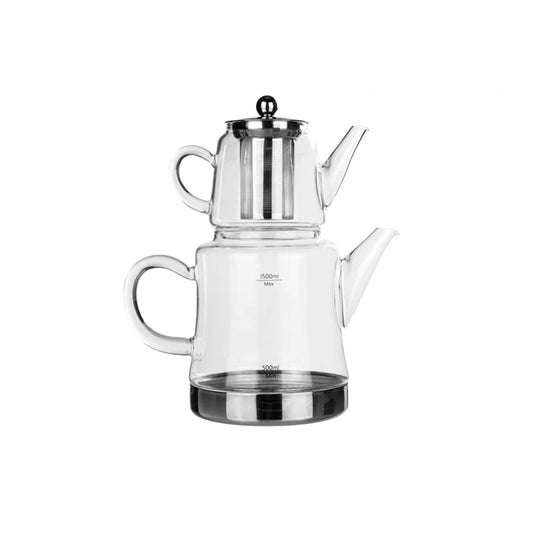Karaca Dora Teapot Set, Glass, Tea Pot 0.45 L, Kettle 1.8 L, Silver, Transparent, Tea Maker, Turkish Tea Kettle, Tea Maker