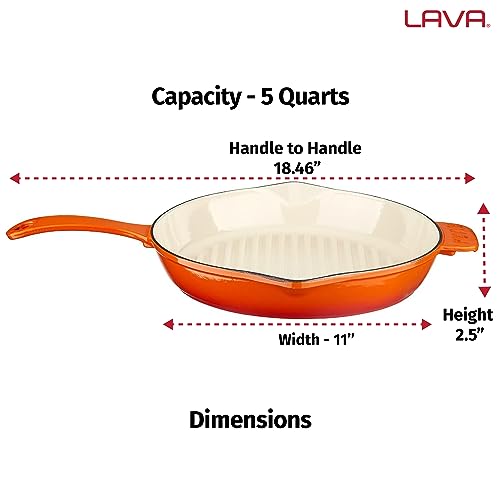 Lava Enameled Cast Iron Ceramic Steak Grill Pan with Side Drip Spouts - 11 inch Round Frying Pan with White Ceramic Enamel Coated Interior - Edition Series (Orange)