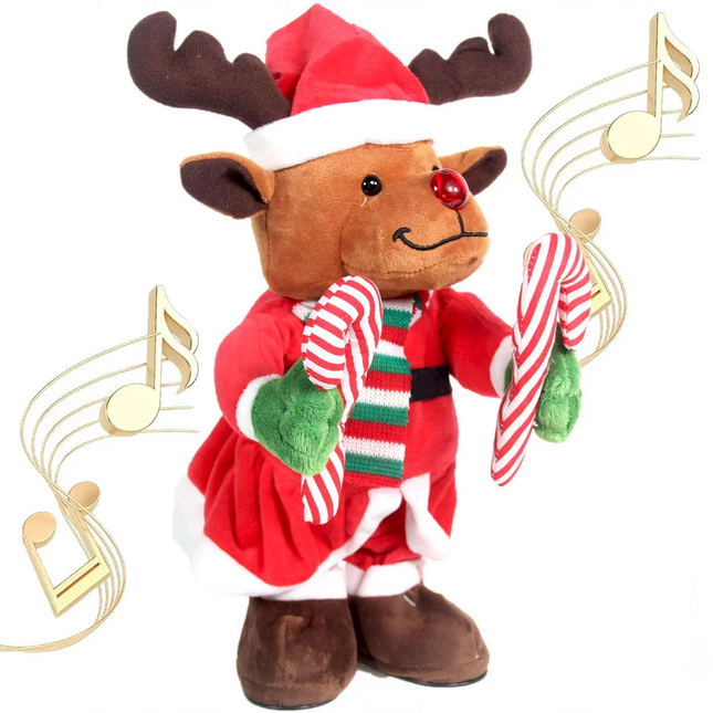 Christmas Dancing Battery-Operated Plush Reindeer with Cane