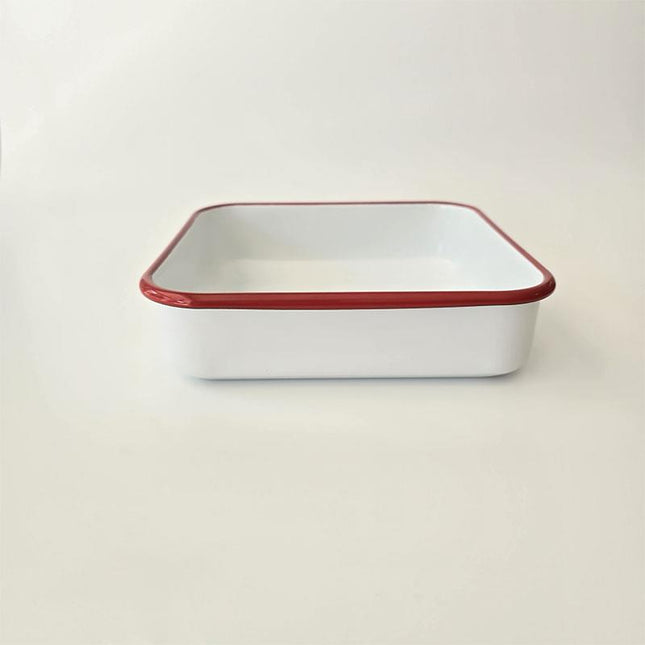 Enamel Square Baking Tray White Cord Red