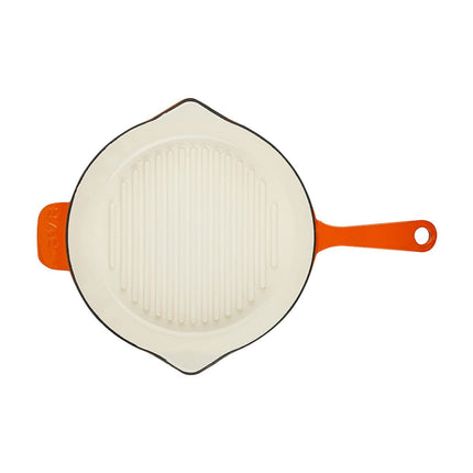 Lava Enameled Cast Iron Ceramic Steak Grill Pan with Side Drip Spouts - 11 inch Round Frying Pan with White Ceramic Enamel Coated Interior - Edition Series (Orange)