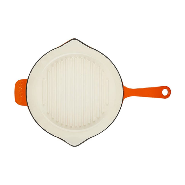 Lava Enameled Cast Iron Ceramic Steak Grill Pan with Side Drip Spouts - 11 inch Round Frying Pan with White Ceramic Enamel Coated Interior - Edition Series (Orange)