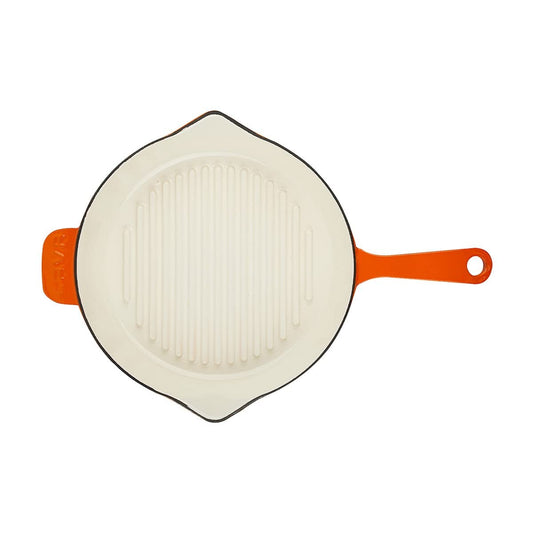 Lava Enameled Cast Iron Ceramic Steak Grill Pan with Side Drip Spouts - 11 inch Round Frying Pan with White Ceramic Enamel Coated Interior - Edition Series (Orange)