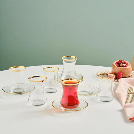KARACA Sydney 12-Piece Glass Turkish Tea Set for 6 People, Gold, Tea Service, 6 Turkish Tea Glasses with Saucers, 12 Pieces, Glass, Tea Plates/Saucers