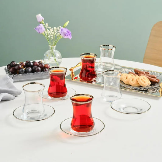 Karaca Sydney Elegant Tea Glass Set of 12 - Clear Turkish Tea Cup Glasses and Saucers, 160 ml Curved Design Drinkware Cups, Dishwasher Safe, Platinum