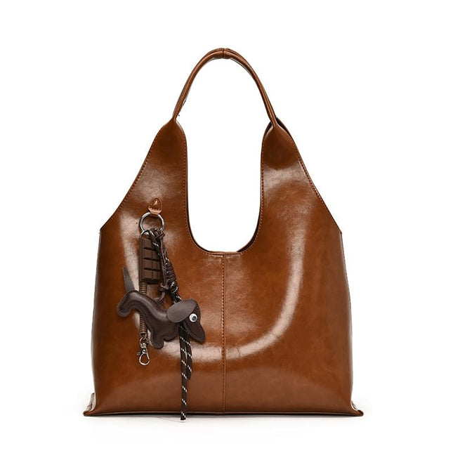 Base'ic Women's Vegan Leather Shoulder Tote Bag – Chic Hobo Handbag with Inner Pouch &amp; Decorative Dog &amp; Chocolate Charm (Brown)