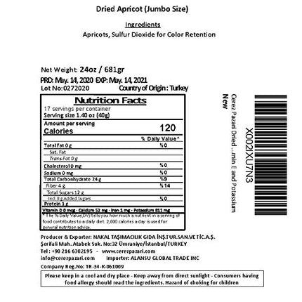 Cerez Pazari Dried Apricots Extra Jumbo Size, Turkish Premium Quality, Healthy Snack for Kids &amp; Adults, Dehydrated, No Sugar Added, Non-GMO, Gluten-Free, With Vitamin E &amp; More, Resealable, 1.5 lbs.