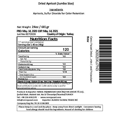 Cerez Pazari Dried Apricots Extra Jumbo Size, Turkish Premium Quality, Healthy Snack for Kids &amp; Adults, Dehydrated, No Sugar Added, Non-GMO, Gluten-Free, With Vitamin E &amp; More, Resealable, 1.5 lbs.