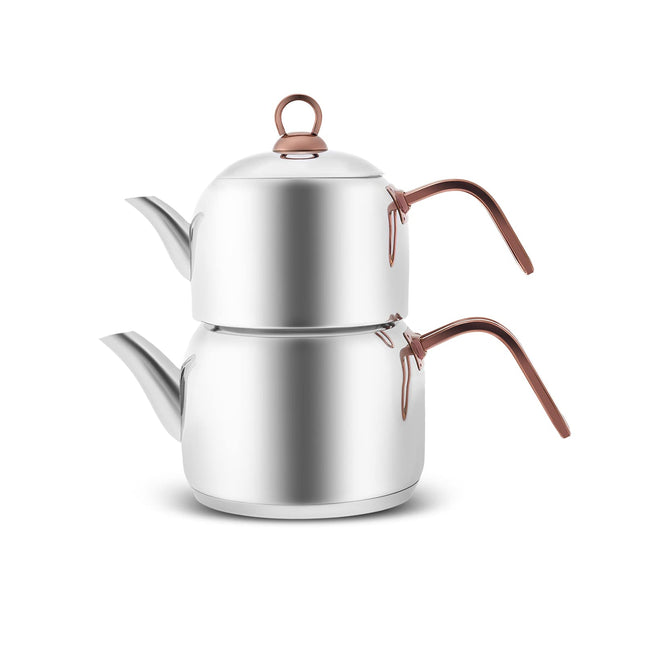 Karaca Manes Turkish Teapot Set for Stovetop, Induction Base Stainless Steel Tea Maker (1.35L Tea Pot &amp; 1.95L Stove Top Tea Kettle), Dishwasher Safe, Non-Burning Purple Handles Samovar Style