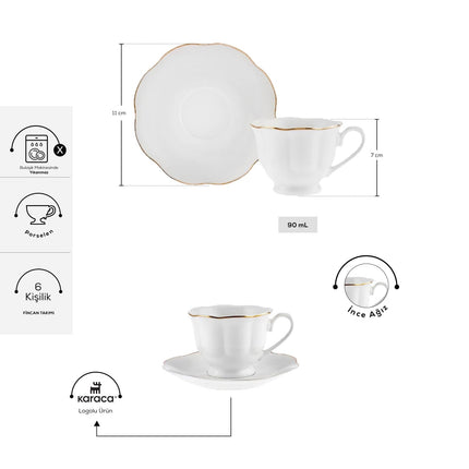 KARACA Çan Turkish Coffee Cup Set for 6 People - 12 Piece Cups with Saucers - Small Porcelain Espresso Set - Ideal for Serving Greek, Arabic Coffee (3 fl oz)