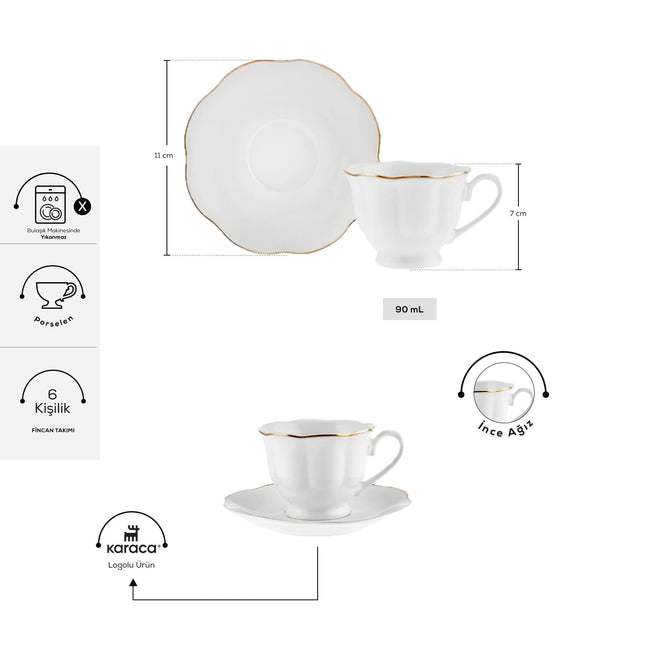 KARACA Çan Turkish Coffee Cup Set for 6 People - 12 Piece Cups with Saucers - Small Porcelain Espresso Set - Ideal for Serving Greek, Arabic Coffee (3 fl oz)