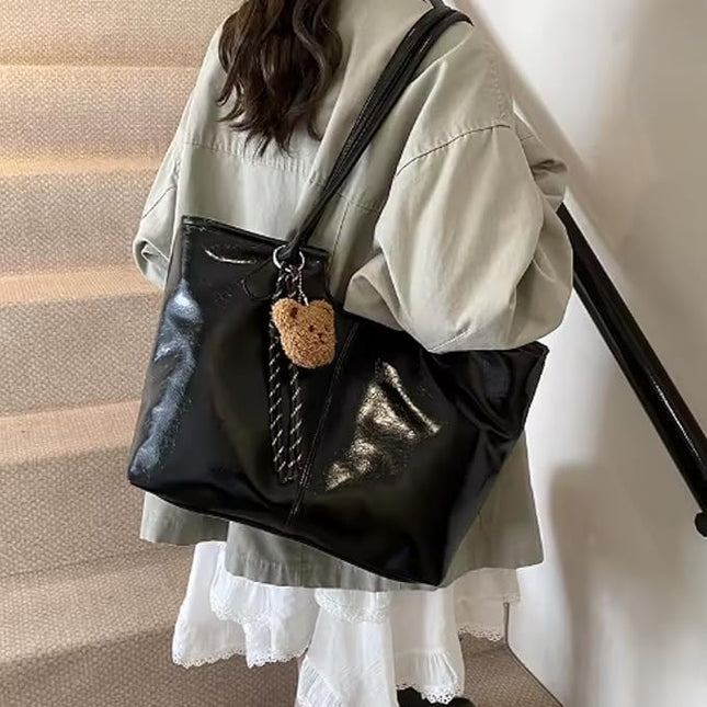 Base'ic Women's Vegan Leather Tote Bag – Stylish Work, Travel &amp; Everyday Handbag with Cute Teddy Bear Charm (Black)