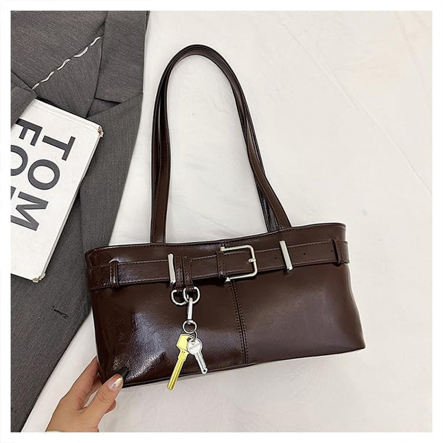 Base'ic Women's Vegan Leather Shoulder Bag with Belted Detail &amp; Key Charm – Medium Tote Handbag for Everyday, Work &amp; Travel (Dark Brown)