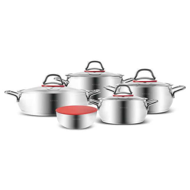 KARACA Stainless Steel Cookware Emirgan XL Set of 10 Piece, Pot, Deep Pot, Casserole, Container with Lid, Easy to Use Stylish Handles, Heat Resistant Cover, Essential Kitchen Accessory