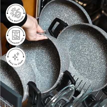 Karaca Gris BioGranite 7 Piece Granite Cookware Pot and Pan Set, Non-Stick Coating, Dishwasher-Safe &amp; Induction Pot Set, Granite Pots and Pans, 3 Pots with 3 Glass Lids and 1 Frying Pan