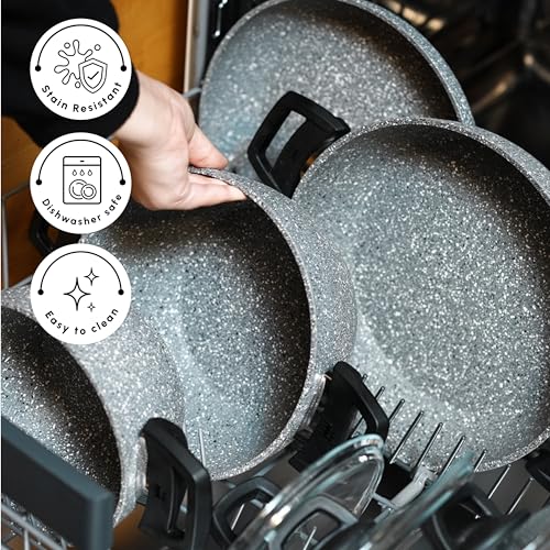 Karaca Gris BioGranite 7 Piece Granite Cookware Pot and Pan Set, Non-Stick Coating, Dishwasher-Safe &amp; Induction Pot Set, Granite Pots and Pans, 3 Pots with 3 Glass Lids and 1 Frying Pan