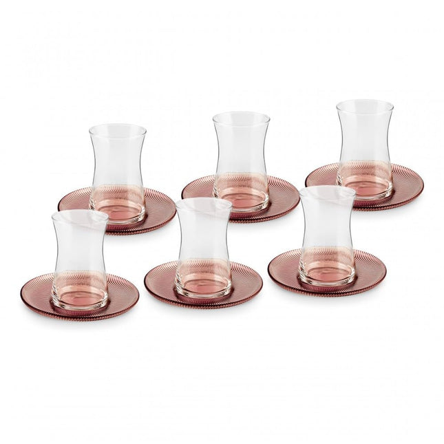 Karaca Juliet Turkish Tea Cups Set of 12, 170ml/5.74oz Turkish Tea Glasses with Brown Detail Saucers for 6 People, Ideal Glass Set for Mother's Day and Housewarming