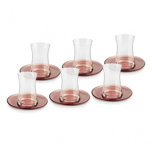 Karaca Juliet Turkish Tea Cups Set of 12, 170ml/5.74oz Turkish Tea Glasses with Brown Detail Saucers for 6 People, Ideal Glass Set for Mother's Day and Housewarming