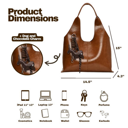 Base'ic Women's Vegan Leather Shoulder Tote Bag – Chic Hobo Handbag with Inner Pouch &amp; Decorative Dog &amp; Chocolate Charm (Brown)