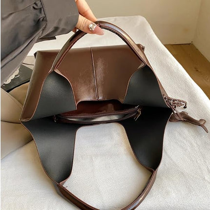 Base'ic Women's Vegan Leather Shoulder Tote Bag – Chic Hobo Handbag with Inner Pouch &amp; Decorative Dog &amp; Chocolate Charm (Brown)