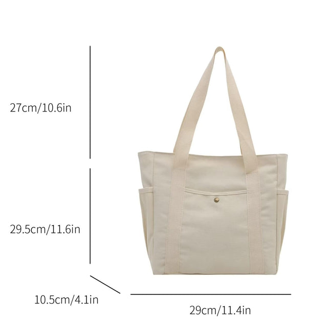 Base'ic Women's Canvas Tote Bag – Large Cotton Shoulder Handbag with Multiple Pockets, Reusable Casual Shopping Bag for Daily Use (Khaki)