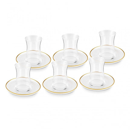 Karaca Juliet Turkish Tea Cups Set of 12, 170ml/5.74oz Turkish Tea Glasses with Gold Detail Saucers for 6 People, Ideal Glass Set for Mother's Day and Housewarming