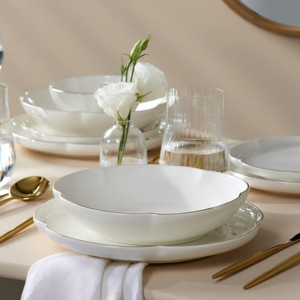 Karaca Flora Dinnerware Sets for 6 People, Modern Floral Design with Gold Trim Bone China Dinner Set, Kitchen Plates Bowls Set, Bone China, 24-Piece, White