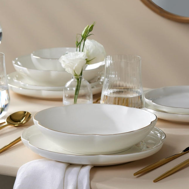Karaca Flora Dinnerware Sets for 6 People, Modern Floral Design with Gold Trim Bone China Dinner Set, Kitchen Plates Bowls Set, Bone China, 24-Piece, White