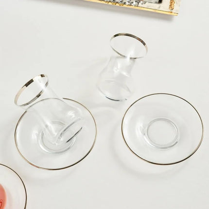 Karaca Sydney Elegant Tea Glass Set of 12 - Clear Turkish Tea Cup Glasses and Saucers, 160 ml Curved Design Drinkware Cups, Dishwasher Safe, Platinum