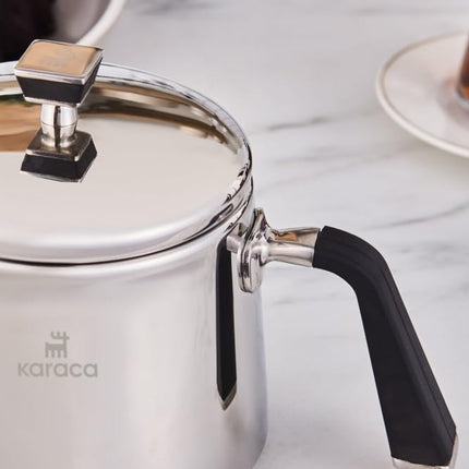 Karaca Fiona Stainless Steel Turkish Teapot Set, 1L Tea Pot &amp; 2L Water Tank (Kettle), Stove Top/Induction Compatible, Elegant Silver Design, Easy to Clean, Non-Flammable Handles
