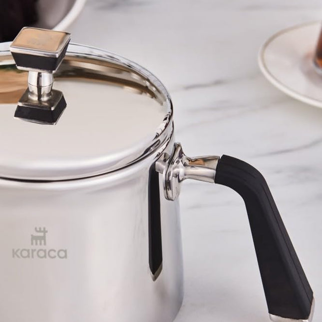 Karaca Fiona Stainless Steel Turkish Teapot Set, 1L Tea Pot &amp; 2L Water Tank (Kettle), Stove Top/Induction Compatible, Elegant Silver Design, Easy to Clean, Non-Flammable Handles