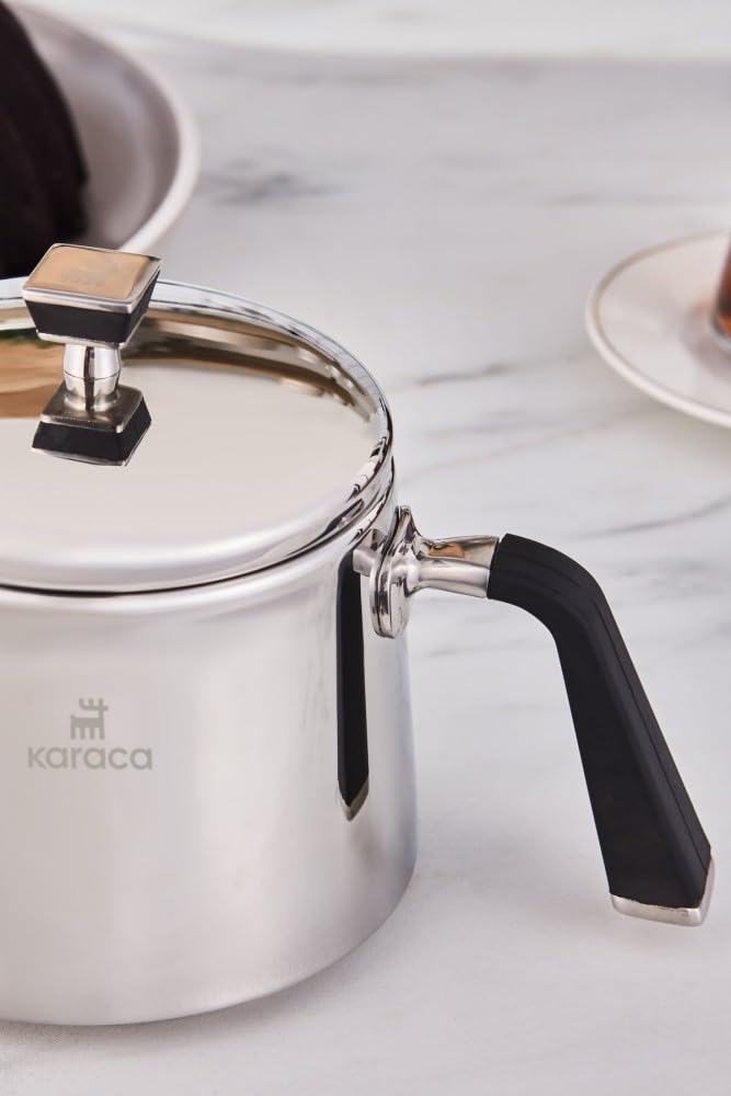 Karaca Fiona Stainless Steel Turkish Teapot Set, 1L Tea Pot & 2L Water Tank (Kettle), Stove Top/Induction Compatible, Elegant Silver Design, Easy to Clean, Non-Flammable Handles