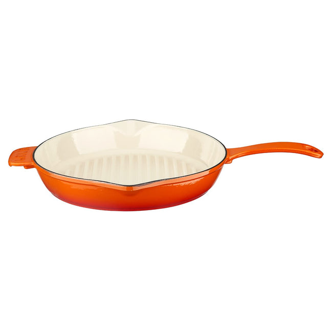 Lava Enameled Cast Iron Ceramic Steak Grill Pan with Side Drip Spouts - 11 inch Round Frying Pan with White Ceramic Enamel Coated Interior - Edition Series (Orange)