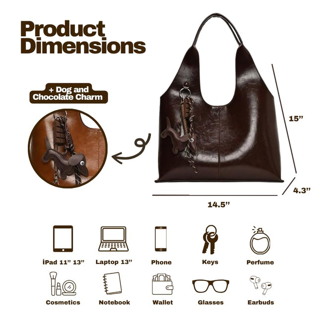 Base'ic Women's Vegan Leather Shoulder Tote Bag – Chic Hobo Handbag with Inner Pouch &amp; Decorative Dog &amp; Chocolate Charm (Dark Brown)