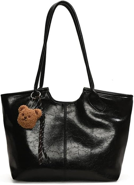 Base'ic Women's Vegan Leather Tote Bag – Stylish Work, Travel &amp; Everyday Handbag with Cute Teddy Bear Charm (Black)