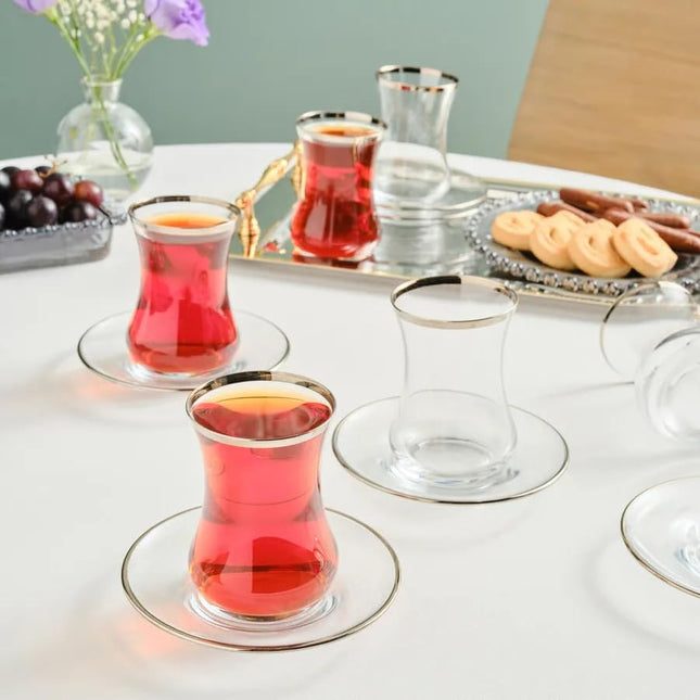 Karaca Sydney Elegant Tea Glass Set of 12 - Clear Turkish Tea Cup Glasses and Saucers, 160 ml Curved Design Drinkware Cups, Dishwasher Safe, Platinum