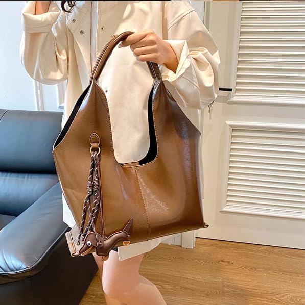 Base'ic Women's Vegan Leather Shoulder Tote Bag – Chic Hobo Handbag with Inner Pouch &amp; Decorative Dog &amp; Chocolate Charm (Brown)