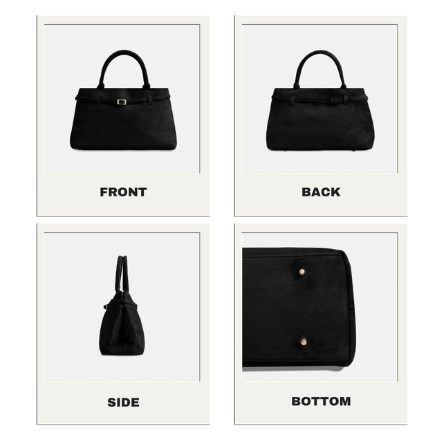 Base'ic Black Suede Tote Bag - Vegan Black Suede Purses for Women with Gold Hardware, Adjustable Belt, Magnetic Closure - Elegant Shoulder Bag Hobo Bag - Stylish Suede Purse - Work Bag, City Bag