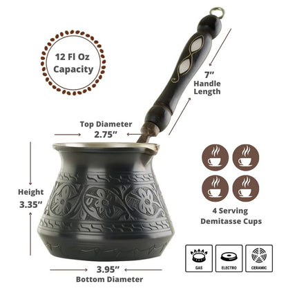 BCS 12 Oz Copper Turkish Greek Arabic Coffee Pot with Wooden Handle (4 servings) Cezve Ibrik Briki Stovetop Coffee Maker (Includes Wooden Spoon)