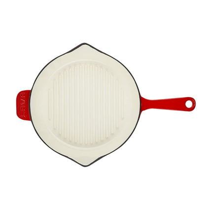 Lava Enameled Cast Iron Ceramic Steak Grill Pan with Side Drip Spouts - 11 inch Round Frying Pan with White Ceramic Enamel Coated Interior - Edition Series (Red)