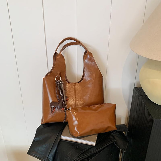 Base'ic Women's Vegan Leather Shoulder Tote Bag – Chic Hobo Handbag with Inner Pouch &amp; Decorative Dog &amp; Chocolate Charm (Brown)