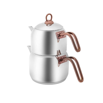 Karaca Manes Turkish Teapot Set for Stovetop, Induction Base Stainless Steel Tea Maker (1.35L Tea Pot &amp; 1.95L Stove Top Tea Kettle), Dishwasher Safe, Non-Burning Purple Handles Samovar Style