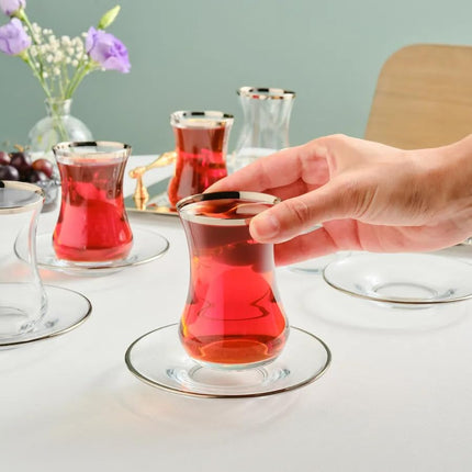 Karaca Sydney Elegant Tea Glass Set of 12 - Clear Turkish Tea Cup Glasses and Saucers, 160 ml Curved Design Drinkware Cups, Dishwasher Safe, Platinum