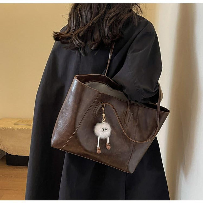 Base'ic Women's Large Vegan Leather Tote Bag – Shoulder Handbag with Inner Pocket &amp; Decorative Charm, Work &amp; Travel Purse (Dark Brown)