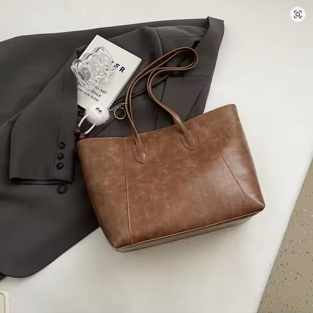 Base'ic Women's Large Vegan Leather Tote Bag – Shoulder Handbag with Inner Pocket &amp; Decorative Charm, Work &amp; Travel Purse (Light Brown)