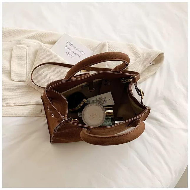 Base'ic Women's Suede Shoulder Bag - Elegant Top Handle Handbag, Everyday Purse for Work, Shopping, or Casual Outings (Brown, Small)